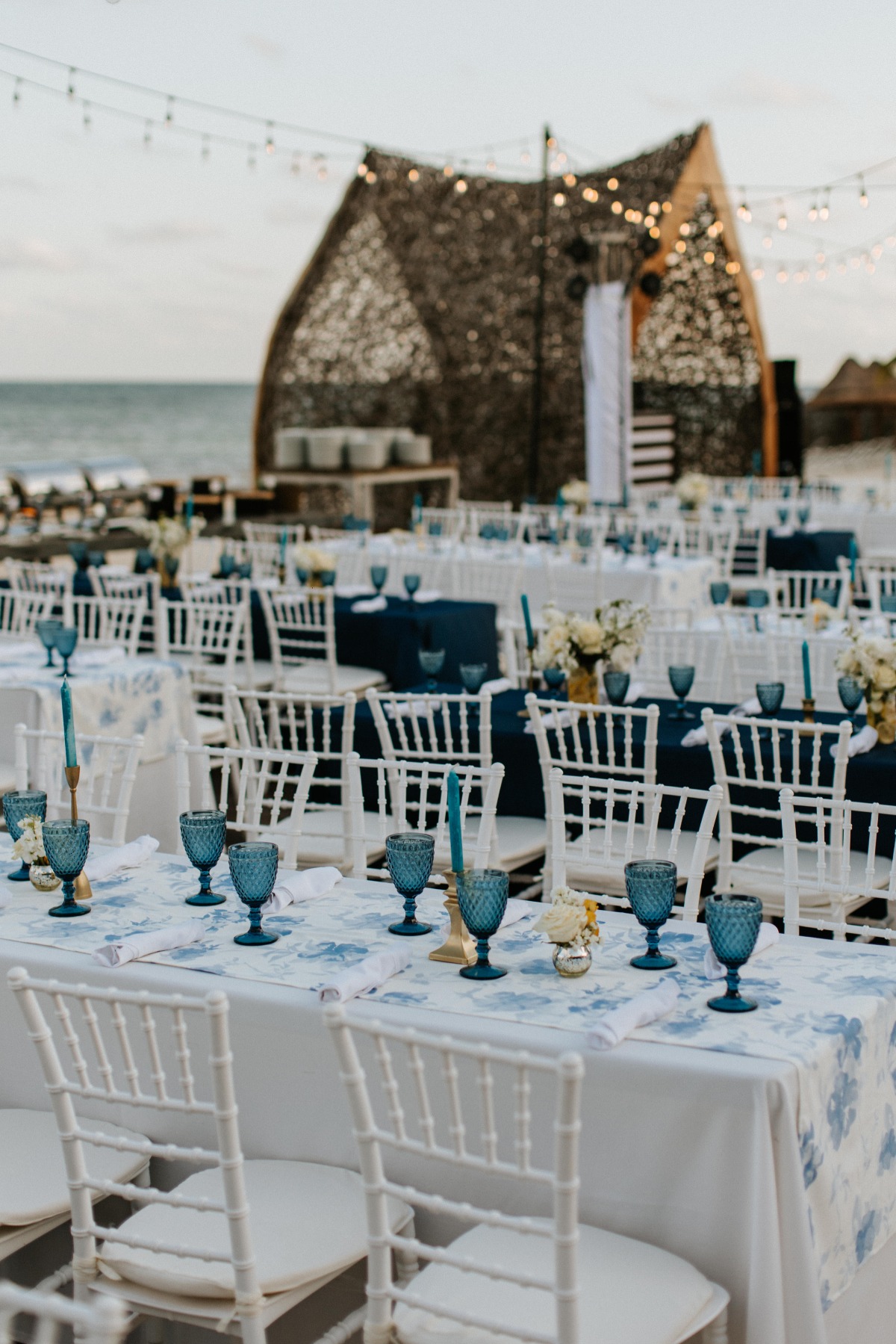 blue and white wedding reception in Mexico
