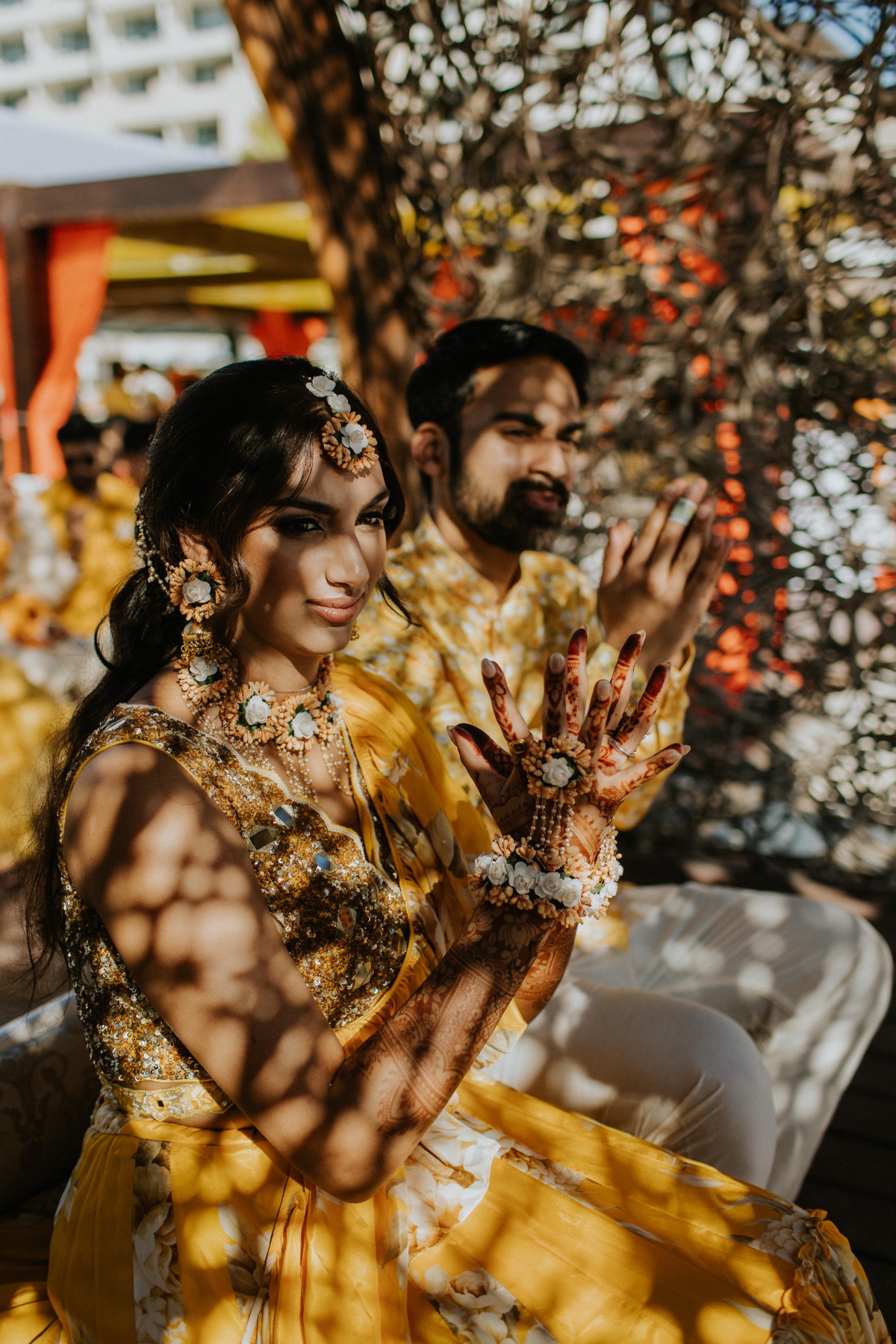 Hindu destination wedding ceremony yellow and gold