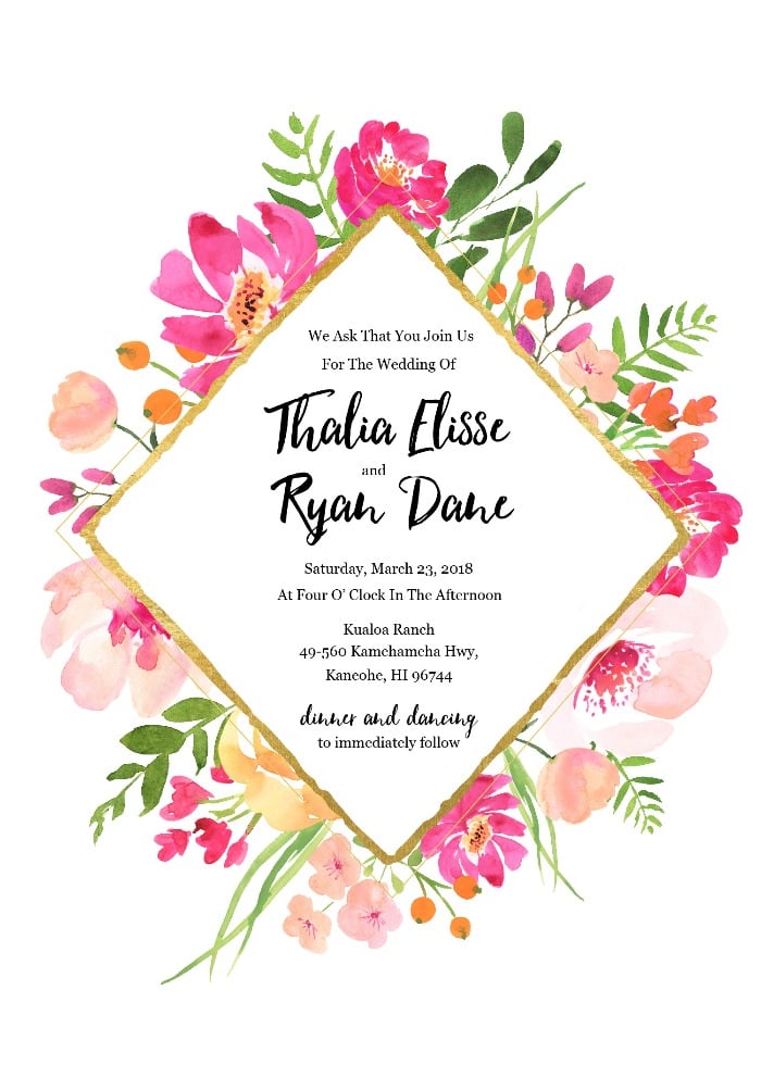 Gold Floral Free Editable Wedding Invitation